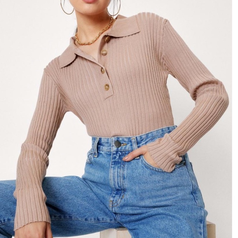 Never worn! (No tags) Nasty Gal Ribbed Knit Fitted Collar Bodysuit in Tan Size 6